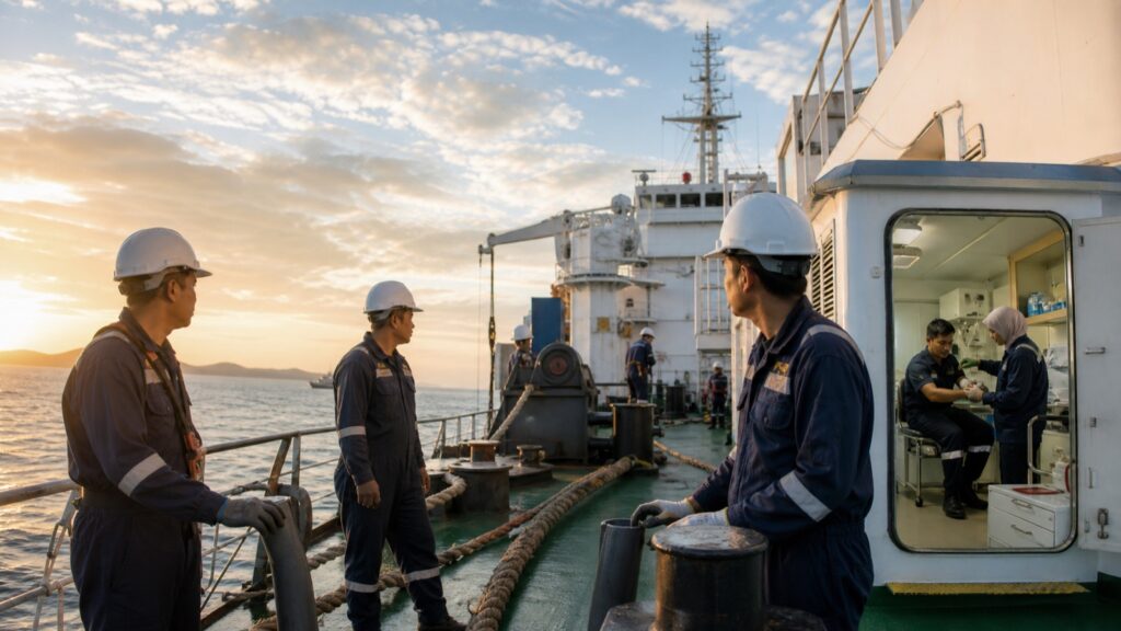Malaysian seafarers on deck with symbols representing four core maritime labour rights.