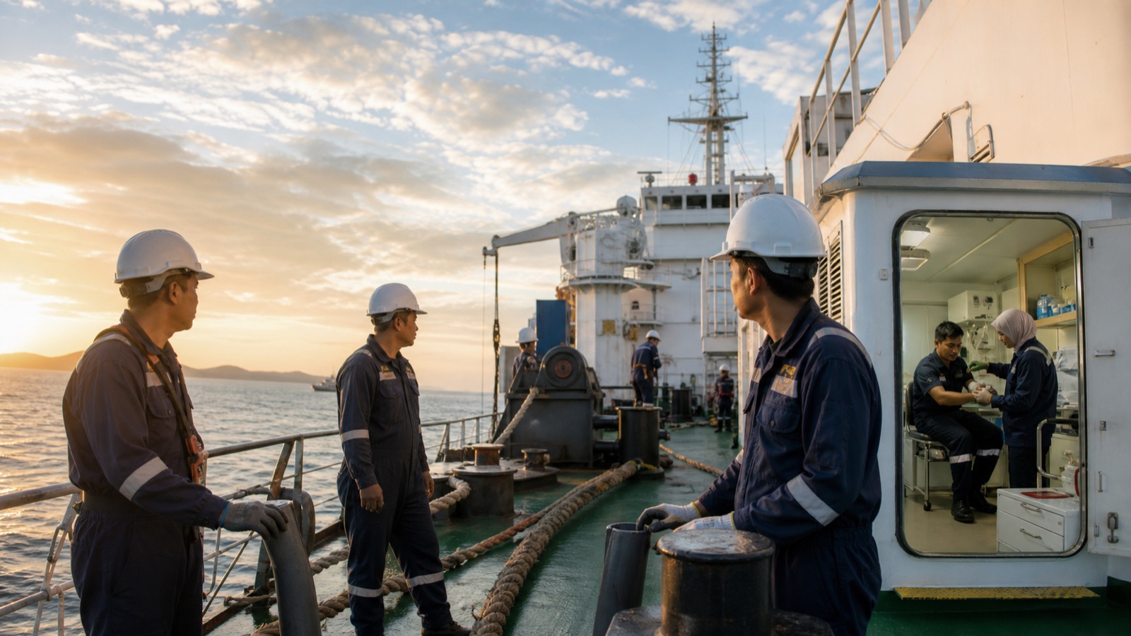 Malaysian seafarers on deck with symbols representing four core maritime labour rights.