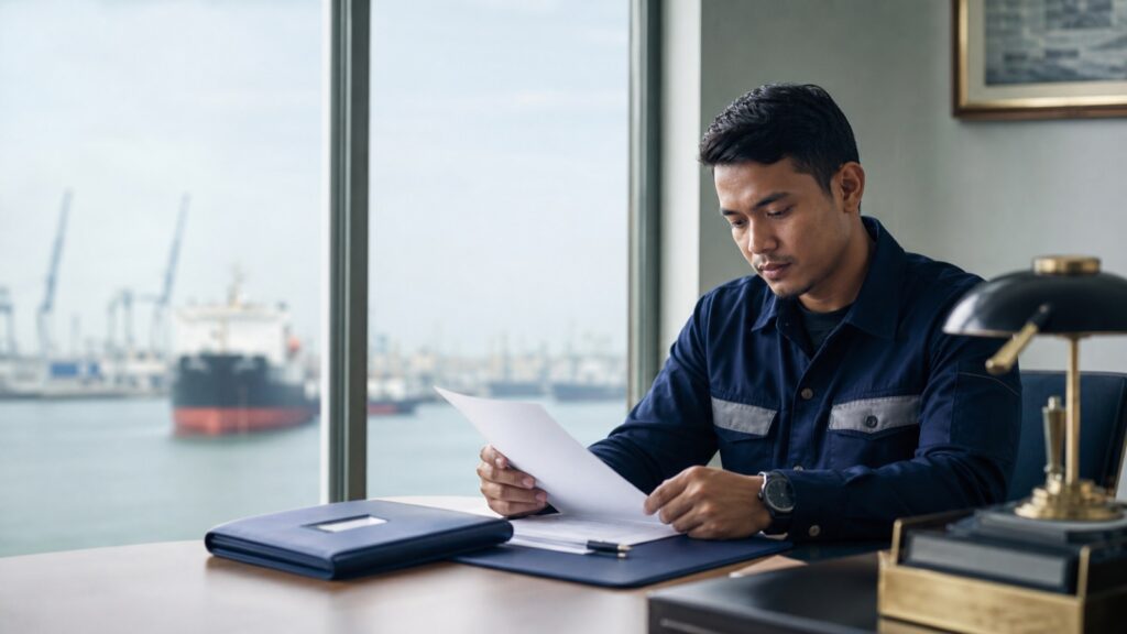 A seafarer reviewing an employment agreement beside maritime documents.