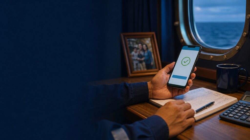 Digital payment confirmation and monthly wage record for a seafarer.