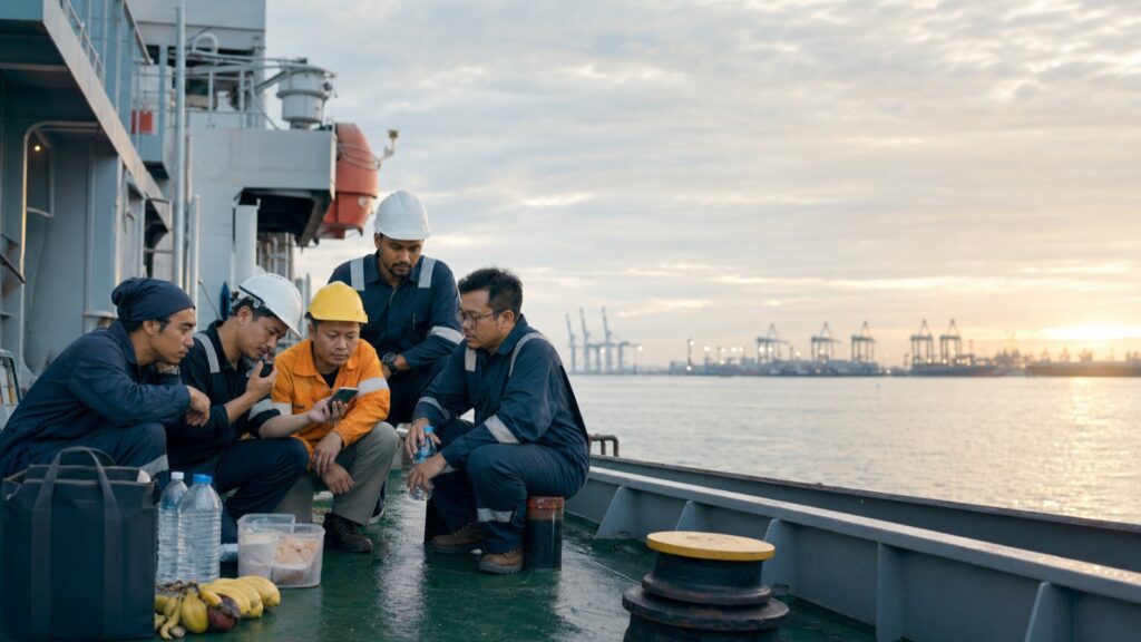 Seafarers on deck contacting shore support during a possible abandonment.