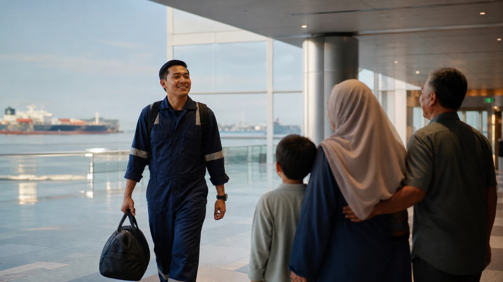 A seafarer returning to Malaysia after completing service at sea.