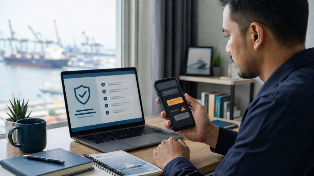 Comparison of a verified seafarer job offer and warning signs of a recruitment scam.