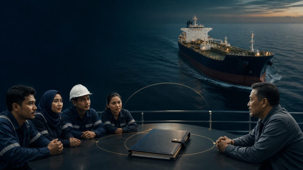A collective agreement linking a vessel, its crew and the representing union.
