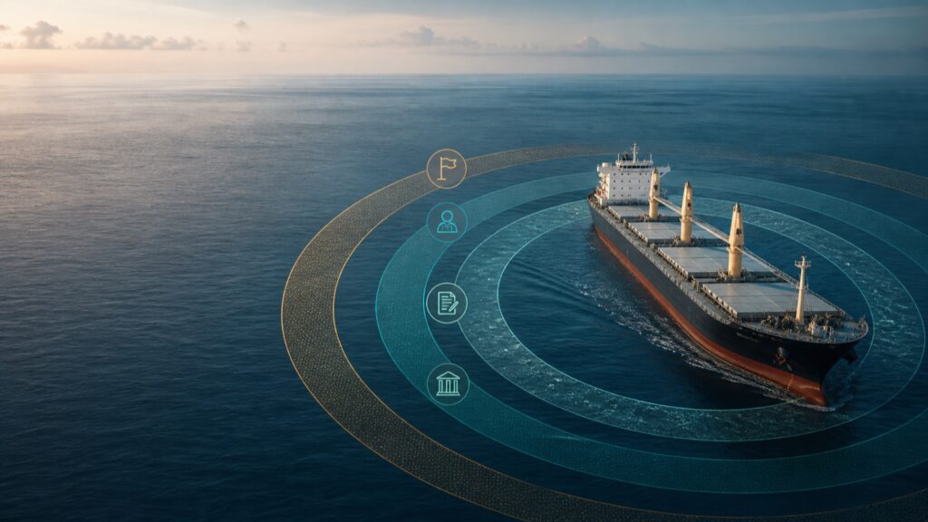 Layers of flag, ownership, contract and port jurisdiction around a merchant vessel.