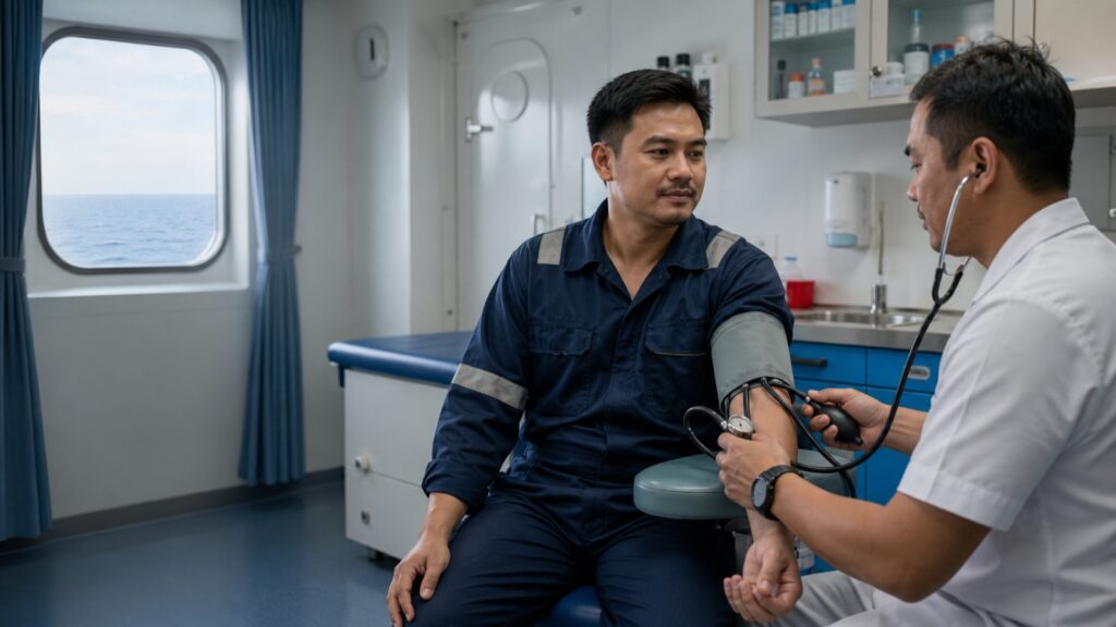 Medical supplies and a confidential treatment record for care at sea.