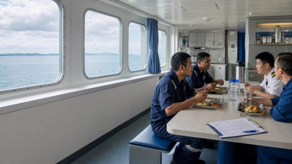 A clean shipboard mess providing varied food and drinking water for a multicultural crew.