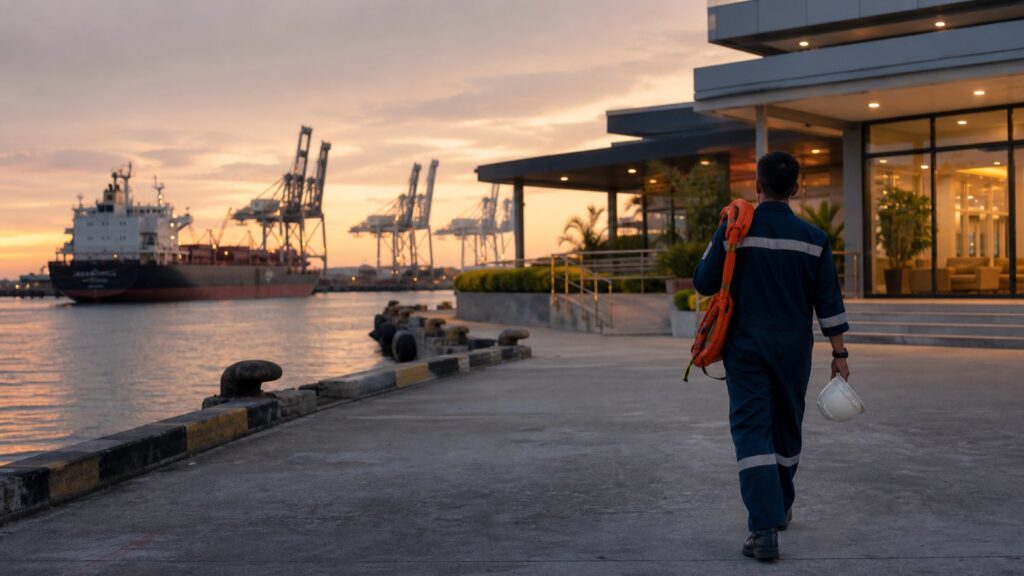 A seafarer arriving at a Malaysian port welfare centre during shore leave.