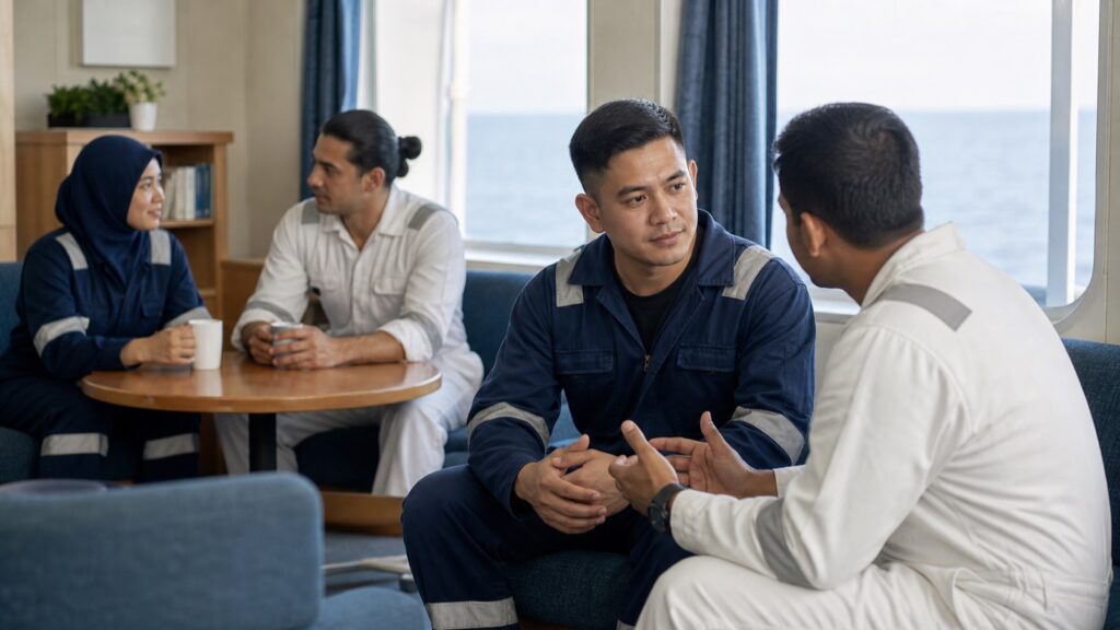 Diverse seafarers in a respectful workplace with a discreet route to confidential help.