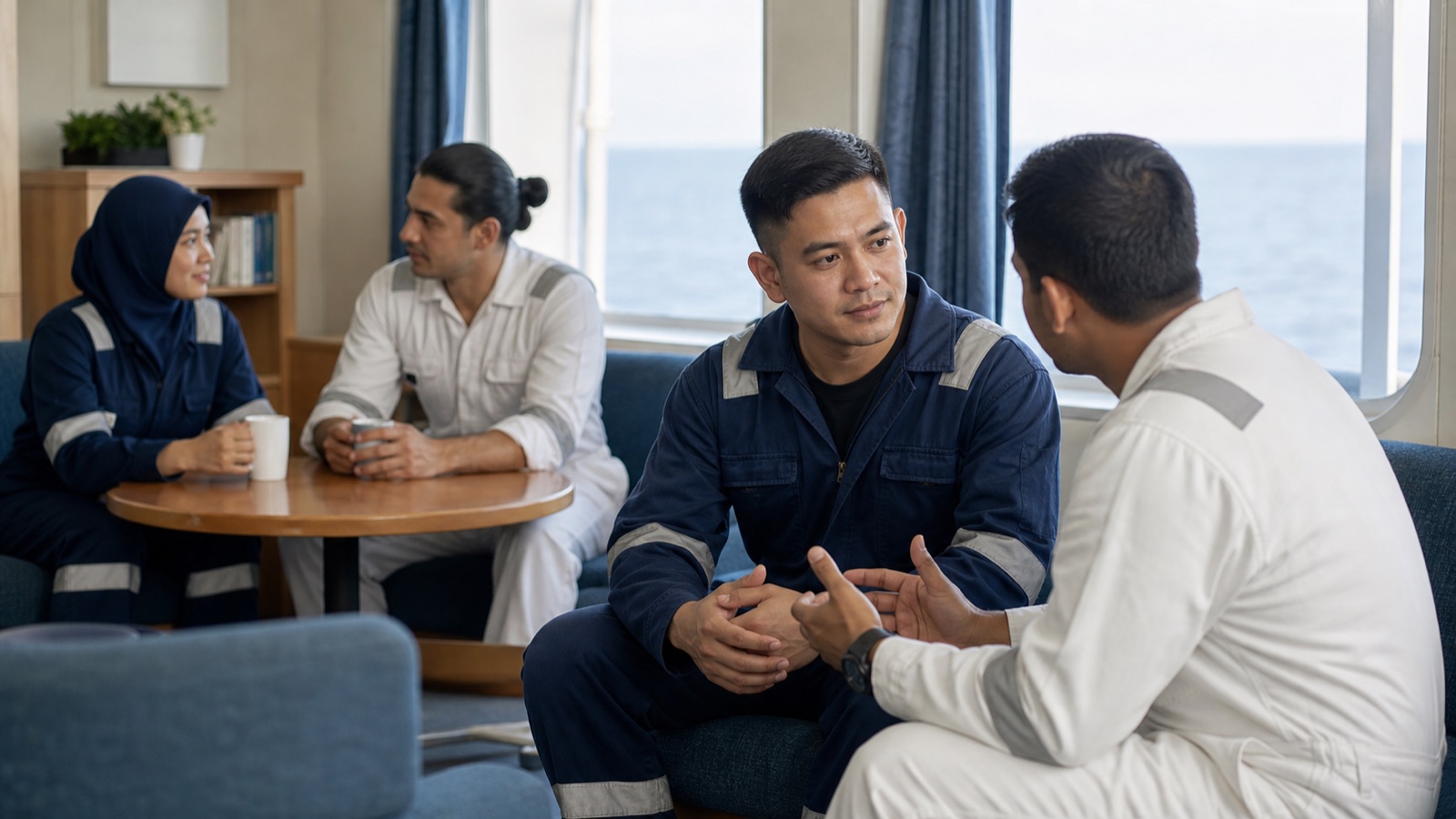 Diverse seafarers in a respectful workplace with a discreet route to confidential help.