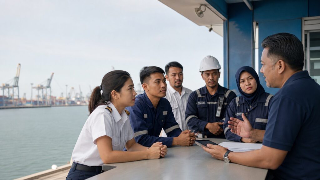 Malaysian seafarers receiving information at a union membership desk.