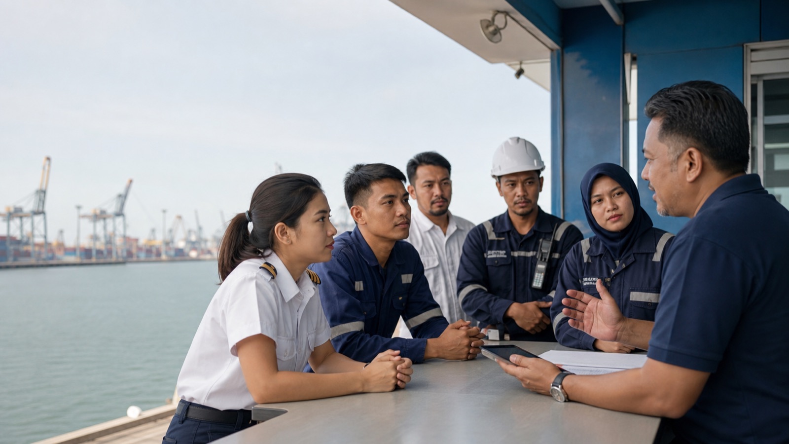 Malaysian seafarers receiving information at a union membership desk.