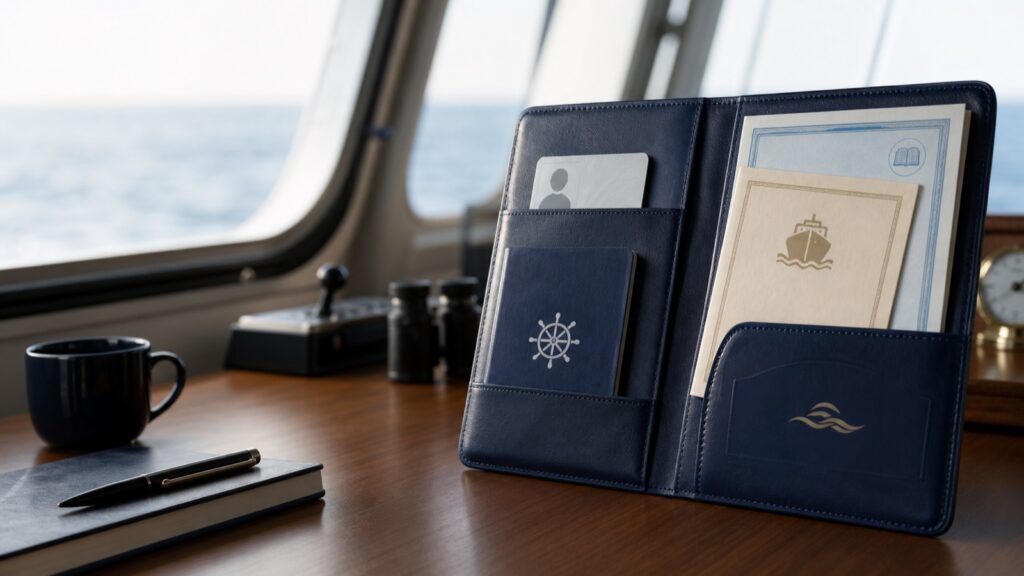 A secure document wallet separating seafarer identity, sea-service and certificate records.