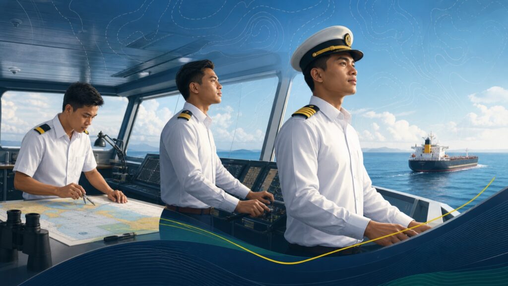 Malaysian deck career pathway from cadet to master, showing training, sea service and certification stages.