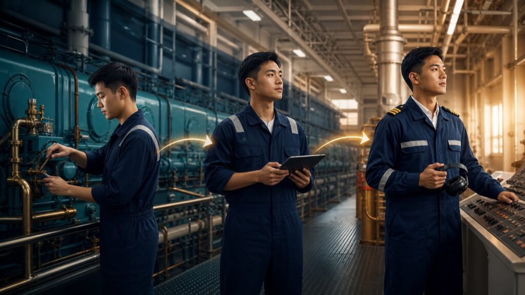 Malaysian marine engineer career roadmap showing sea service, training, examinations and CoC stages.