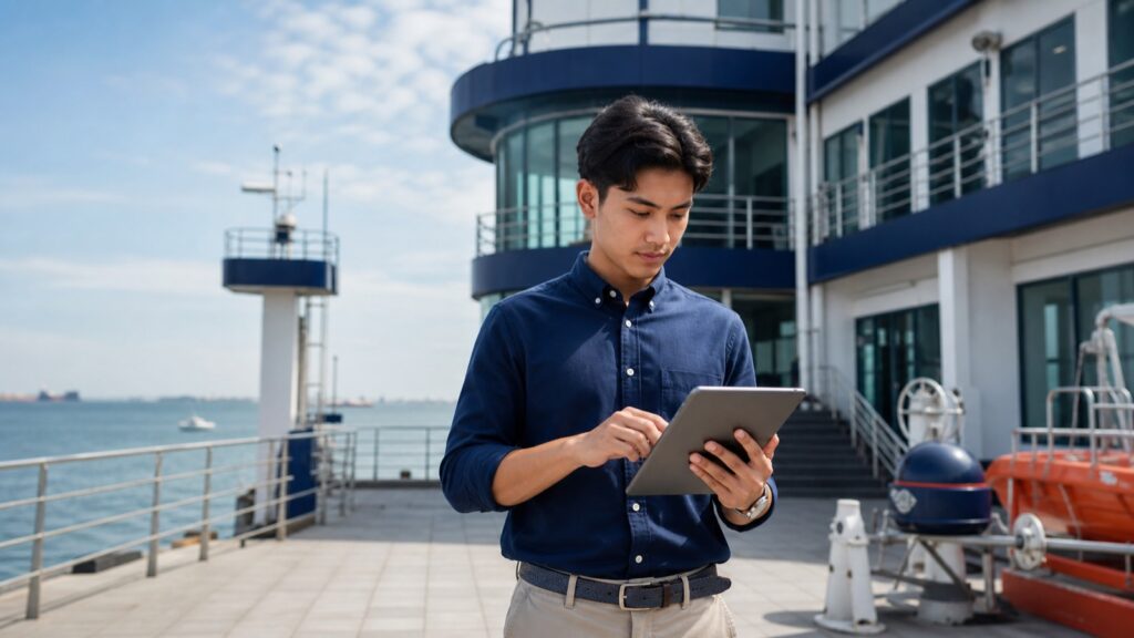 A Malaysian maritime cadet checking provider approval and course details before enrolling.