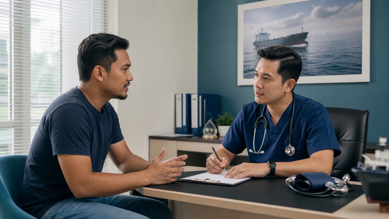 A Malaysian seafarer discussing a maritime medical examination with an approved practitioner.