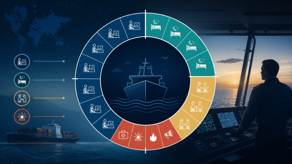 A 24-hour seafarer work-and-rest wheel showing watches, rest periods and an unexpected call-out.