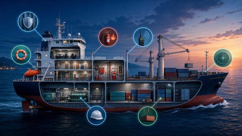 Cutaway ship showing six broad areas of safety influenced by the SOLAS Convention.