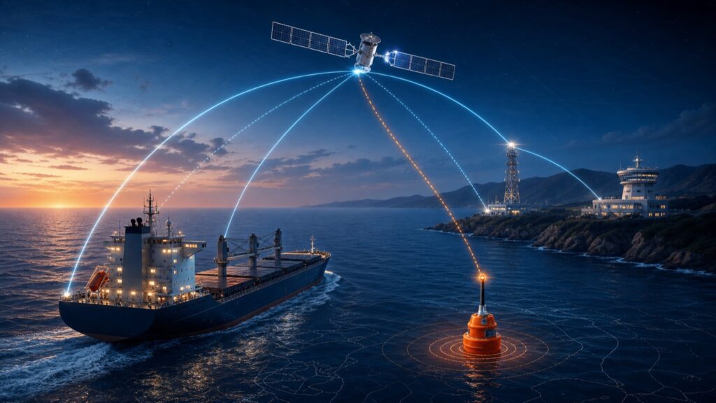 GMDSS network connecting a vessel, satellite, coast station and rescue coordination centre.