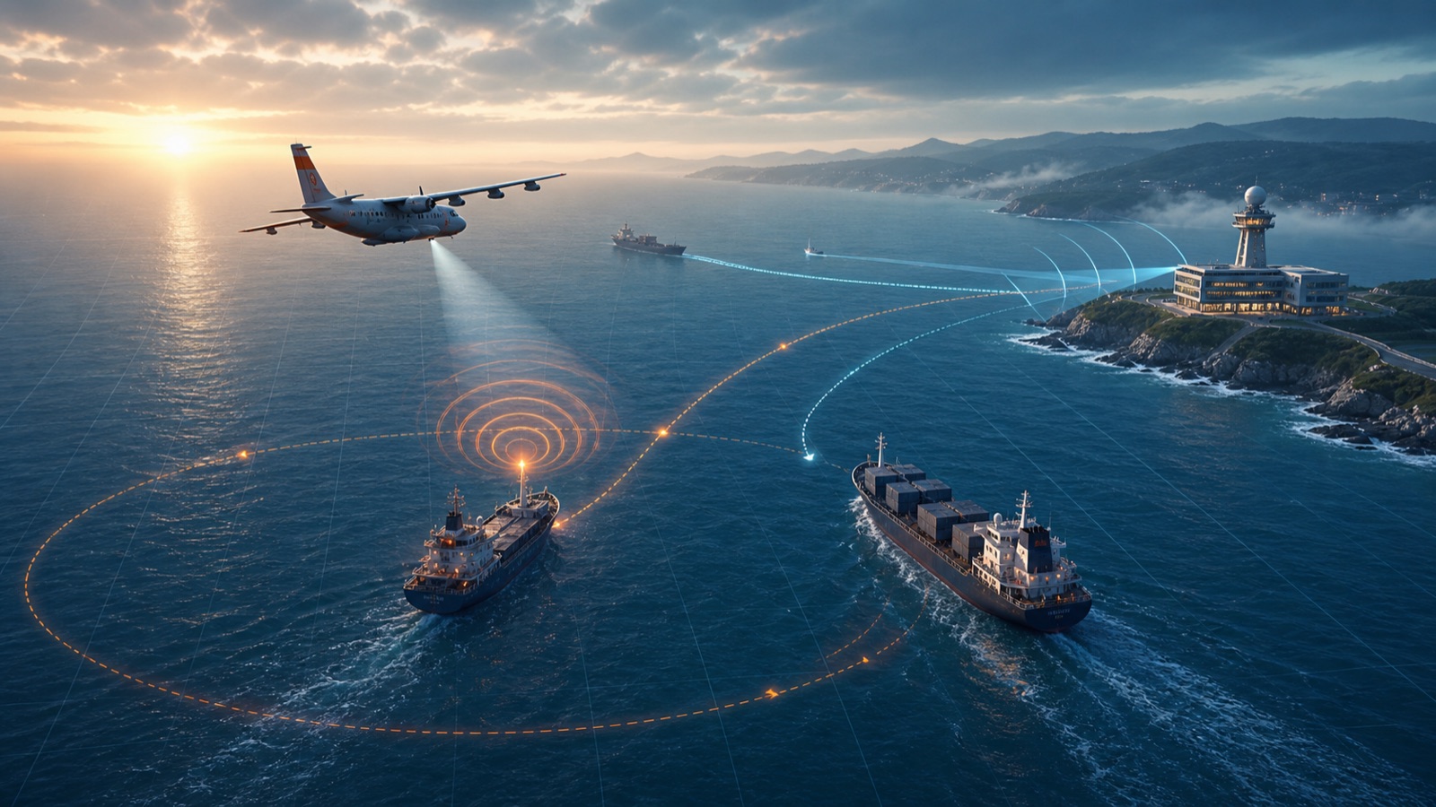 Coordinated maritime search-and-rescue response linking a vessel in distress with ships, aircraft and a rescue centre.