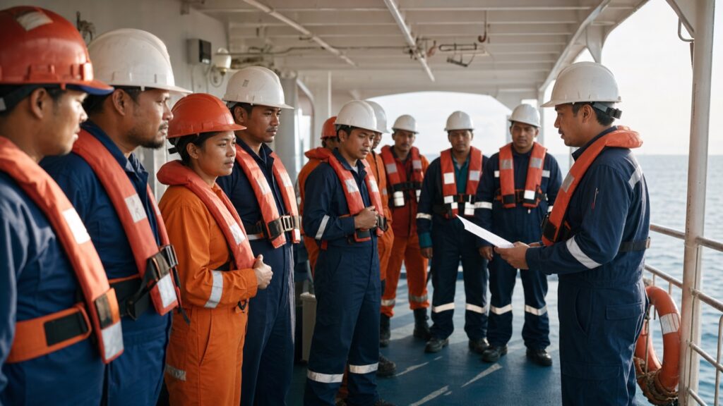 Seafarers participating in a supervised emergency muster drill and checking assigned roles.