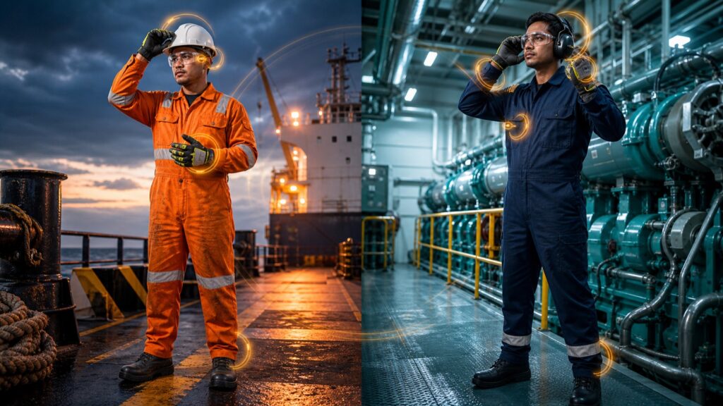Deck and engine crew checking task-specific protective equipment against identified hazards.