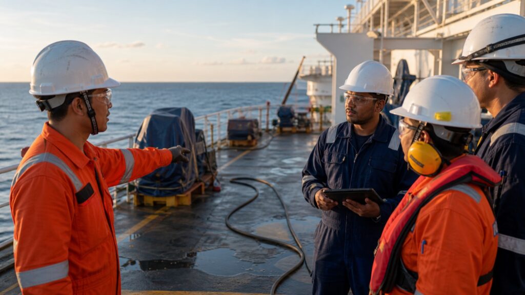 A seafarer reporting an unsafe condition during a shipboard toolbox talk before work begins.