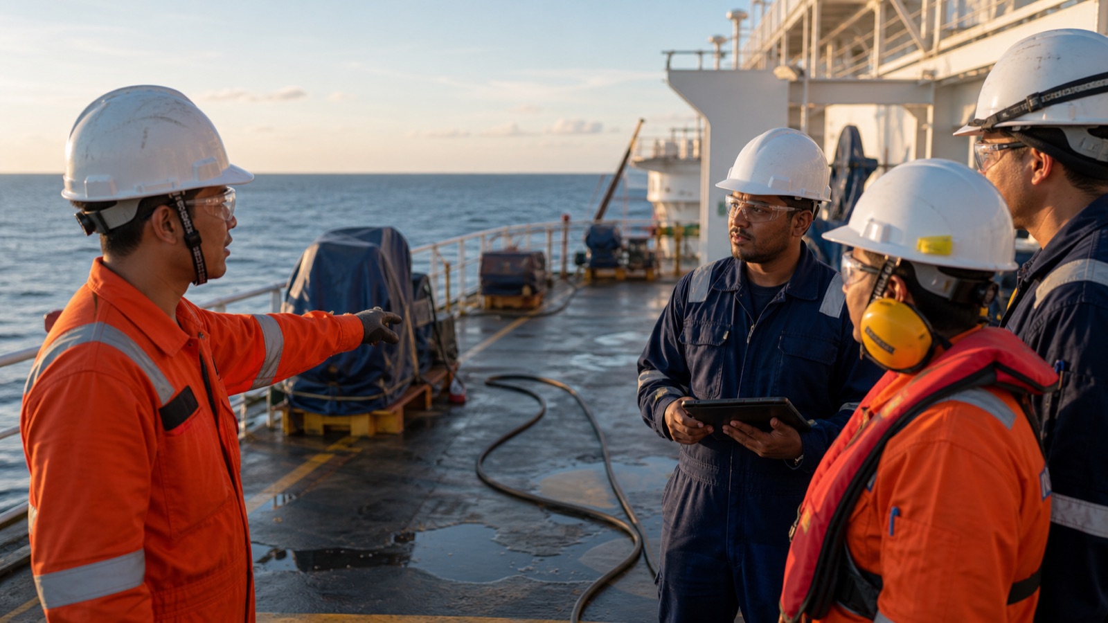 A seafarer reporting an unsafe condition during a shipboard toolbox talk before work begins.