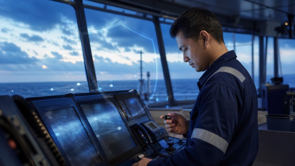 Seafarer checking a bridge workstation with a visual shield representing maritime cyber safety.