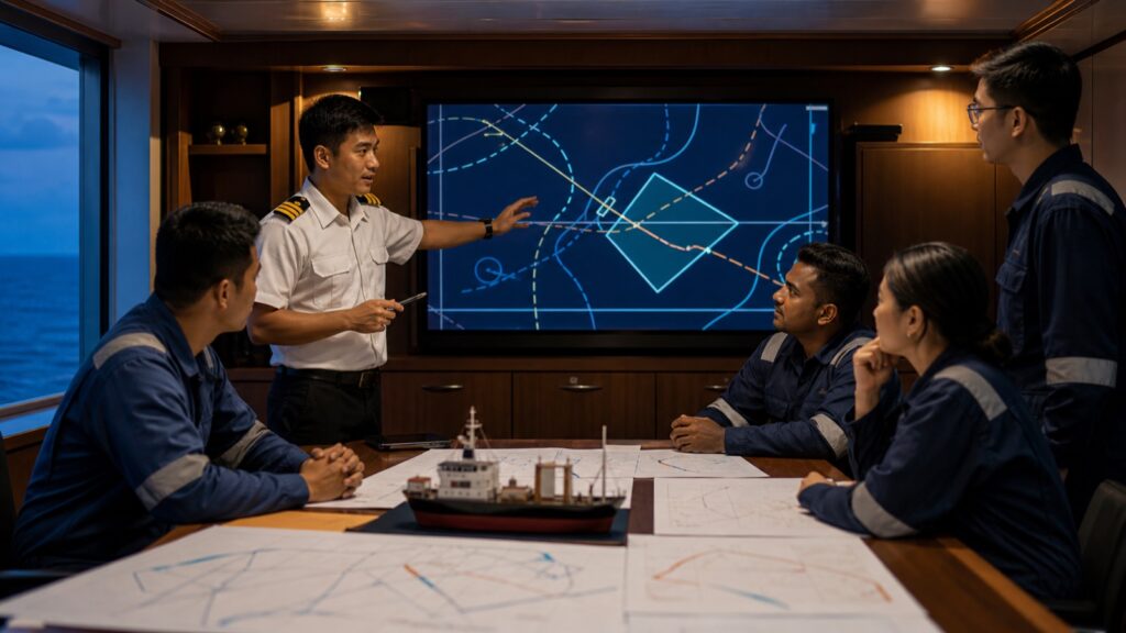 Crew reviewing a voyage security briefing before entering higher-risk waters.