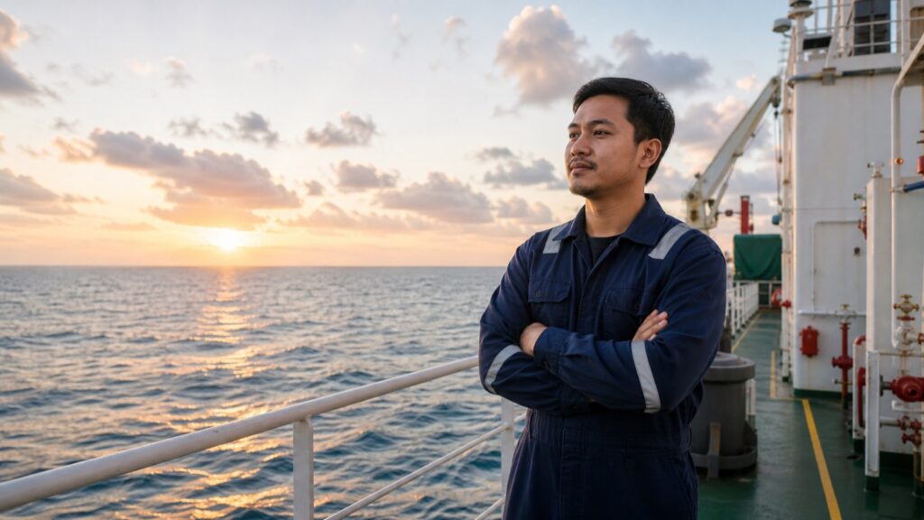 Seafarer taking a quiet moment on deck at sunrise to check in with their wellbeing.