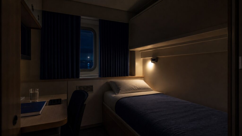 Quiet ship cabin prepared to support a seafarer’s sleep between watches.
