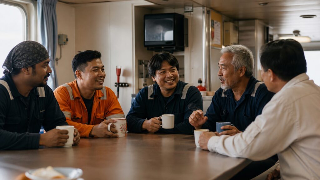 A multicultural crew sharing tea and conversation in the ship’s mess room.