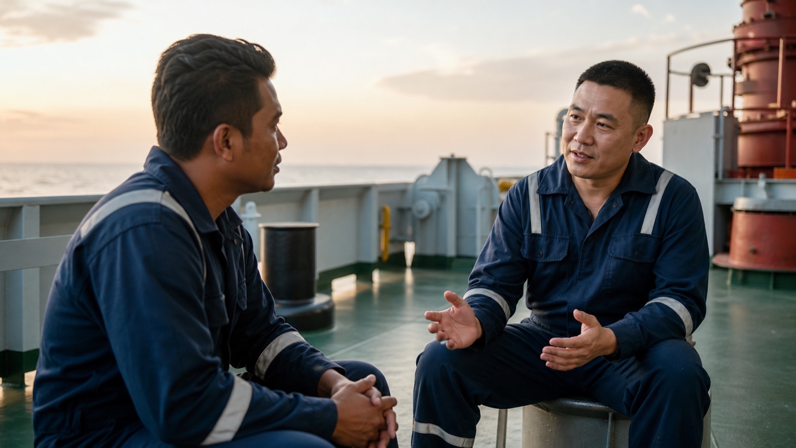 One seafarer listening supportively to a crewmate during a private conversation on deck.