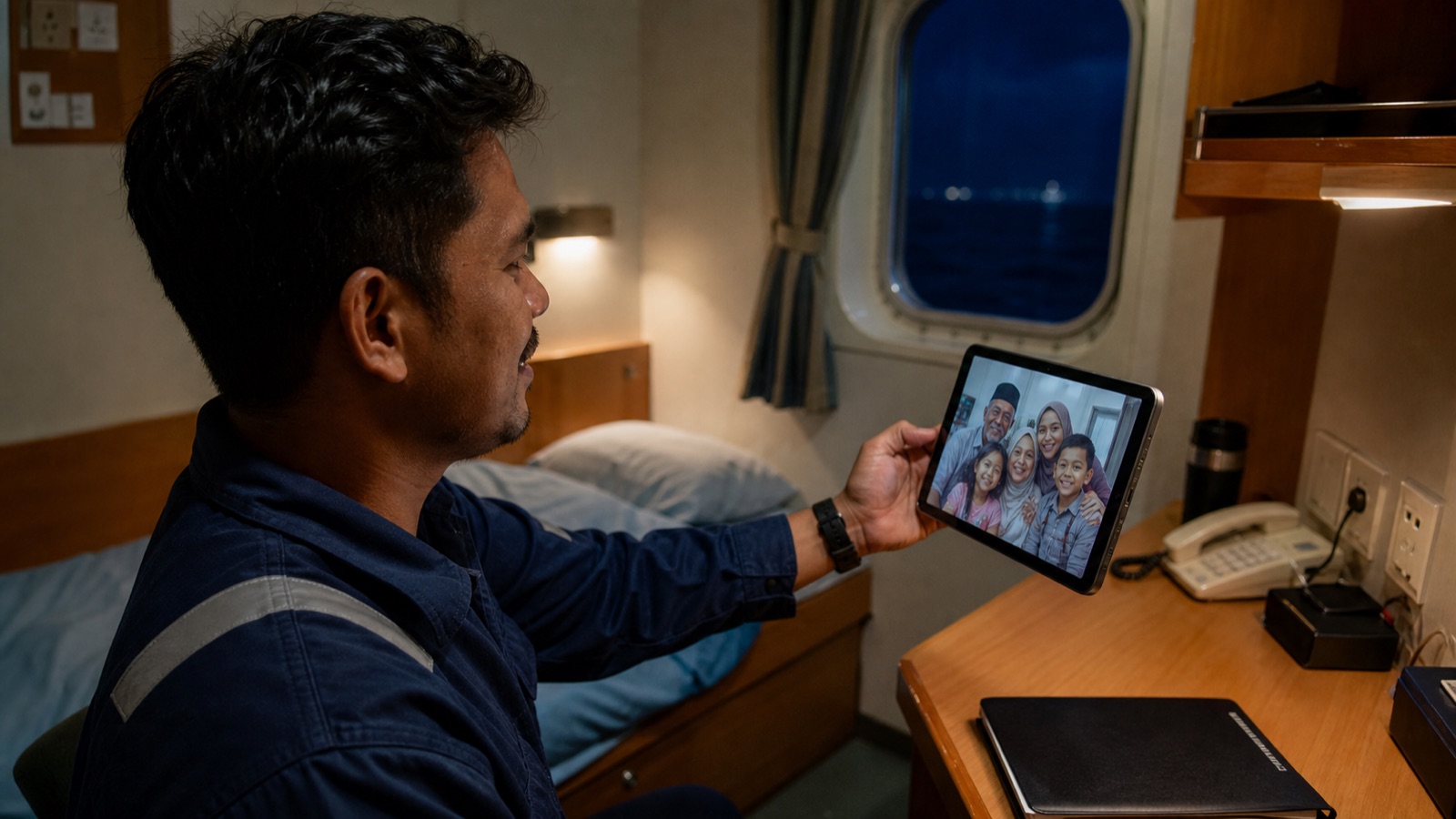 Malaysian seafarer speaking with family at home during a video call from the ship.