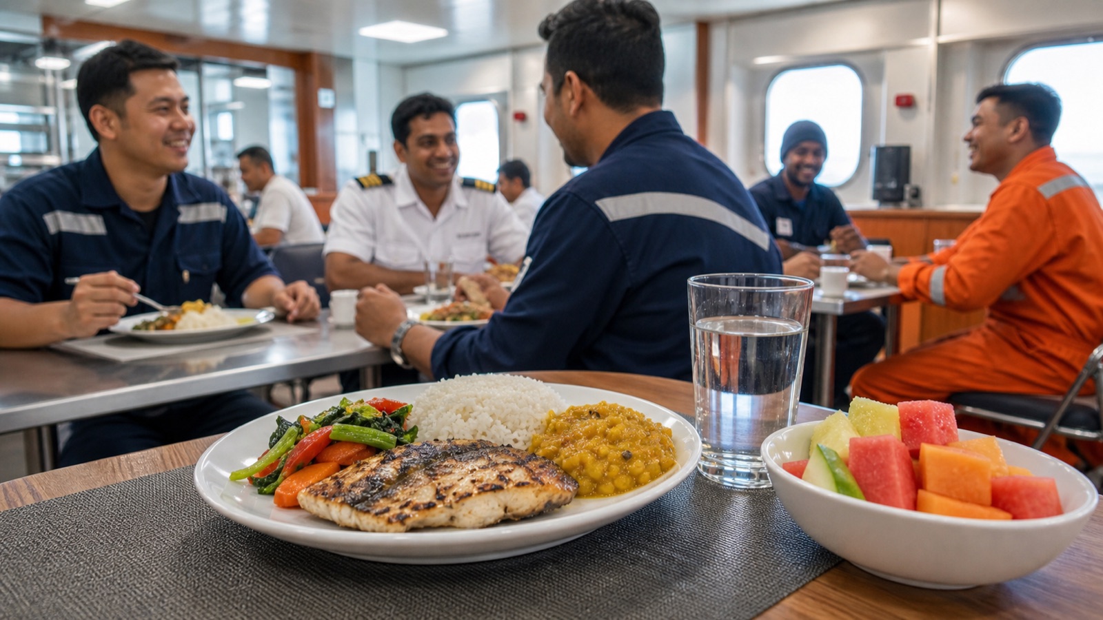 Balanced meal and drinking water served in a clean ship’s mess for a multicultural crew.