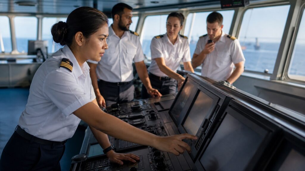 Malaysian woman officer working with colleagues on a modern ship bridge.