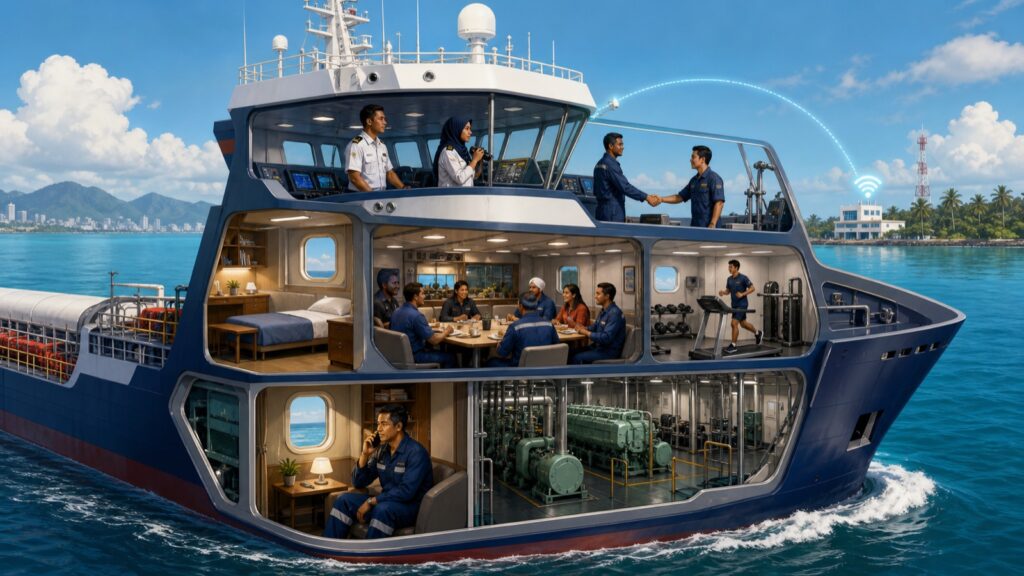 Ship cutaway showing the organisational and social elements of a mentally healthy vessel.