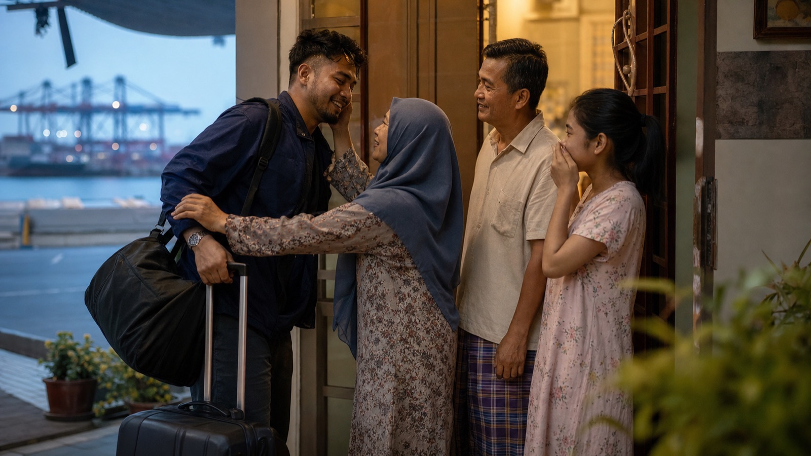 Malaysian seafarer sharing a quiet homecoming moment with family after a contract at sea.