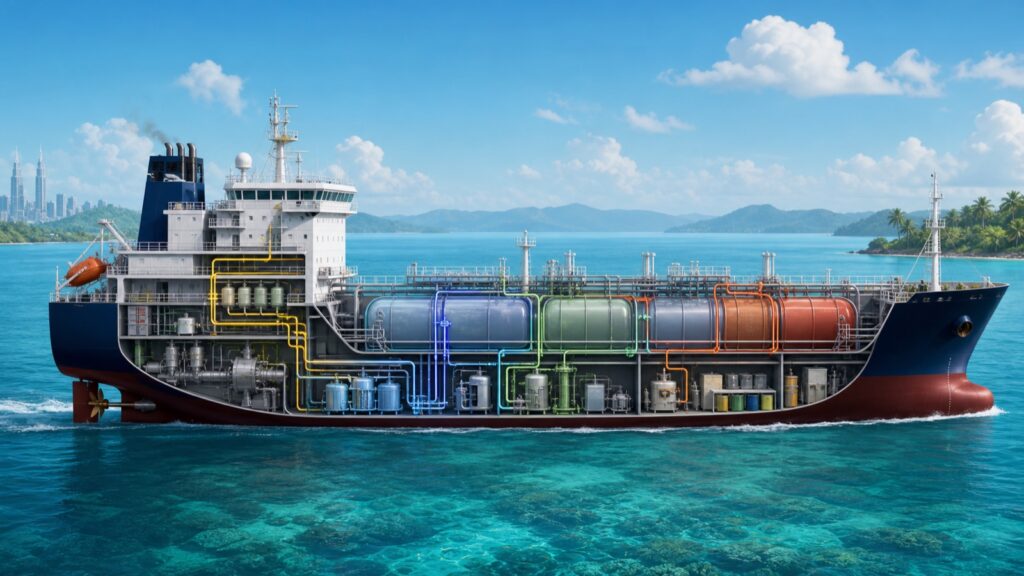 Ship cutaway illustrating major MARPOL pollution-prevention areas.