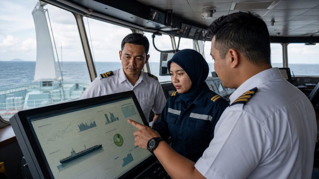 Seafarers reviewing ship energy-efficiency information during a decarbonisation transition.