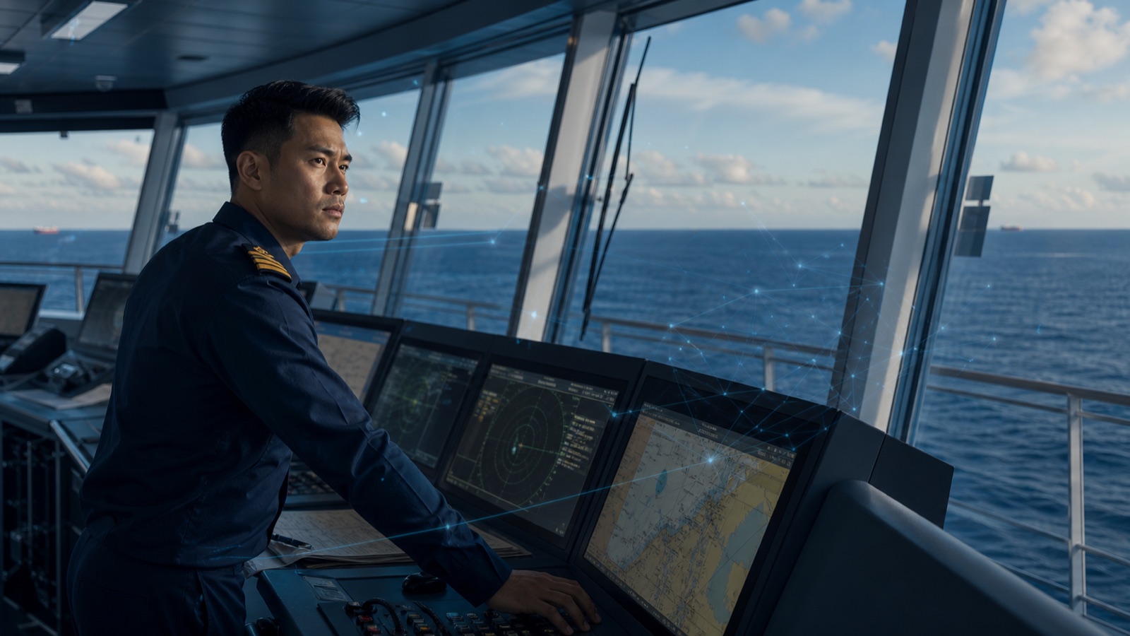 Seafarer maintaining situational awareness while using integrated bridge automation.